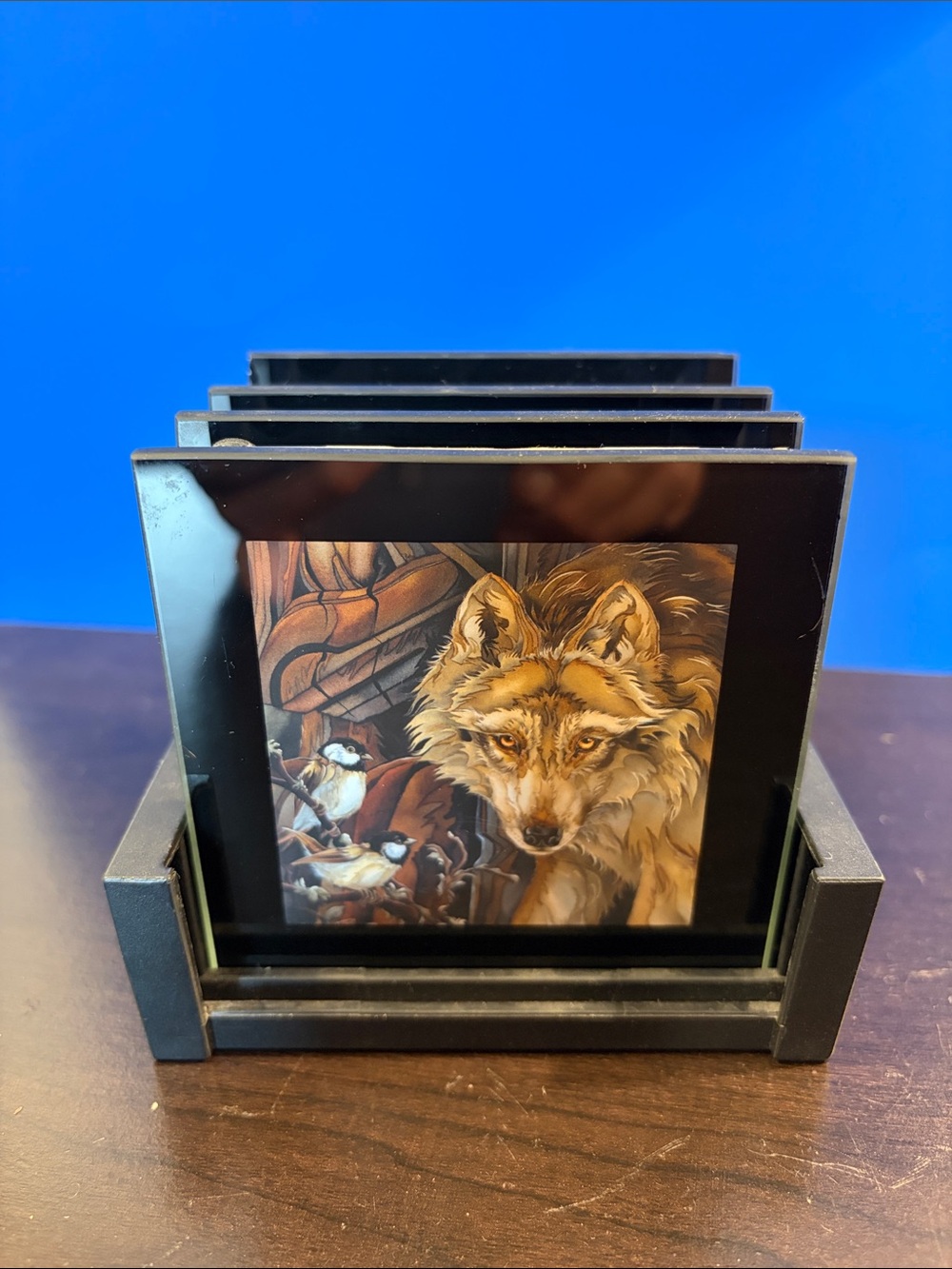 Bergen’s Black Glass Wolf Art Coaster Set